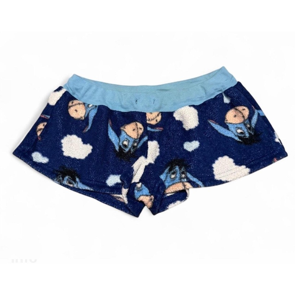 Y2K Disney Eeyore Women's Small Fleece Pajama Shorts Navy Blue Clouds Lounge